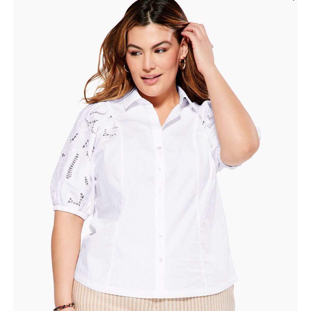 Nic+Zoe Eyelit Sleeves White Button Front Blouse Size 1X NWT - Picture 2 of 11